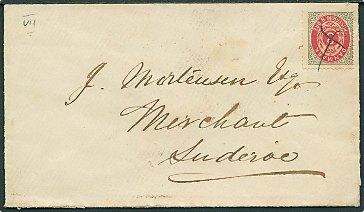 8 øre Tofarvet 7. tryk annulleret med blækkryds på lokal-brev eller skibsbrev til købmand J. Mortensen i Tveraa på Suderø ca. 1877. Adresse skrevet på engelsk.