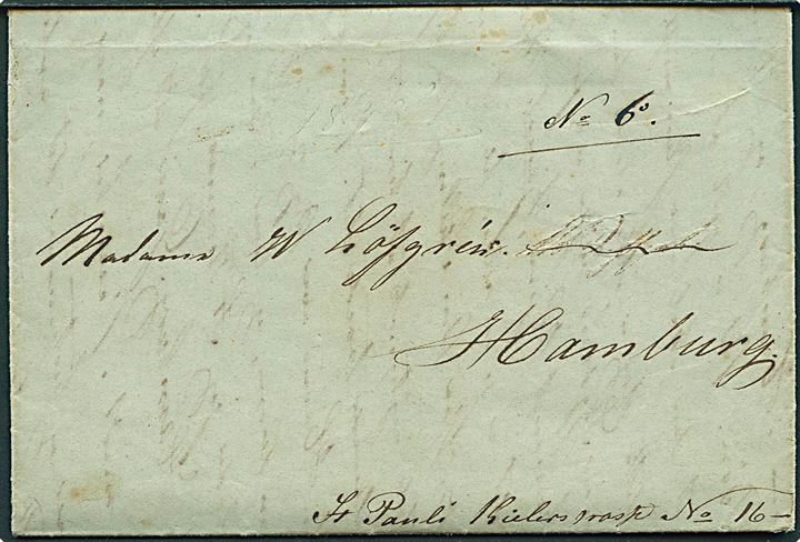 1848. Privatbefordret brev med langt indhold fra kaptajn Gustaf Löfgren dateret både i St. Thomas d. 29.9.1848 og “Swea” under seil i Atlanterhavet d. 8.10.1848 til Hamburg. Löfgren var skipper ombord på A. J. Schön’s sejlskib “Swea” af Hamburg.