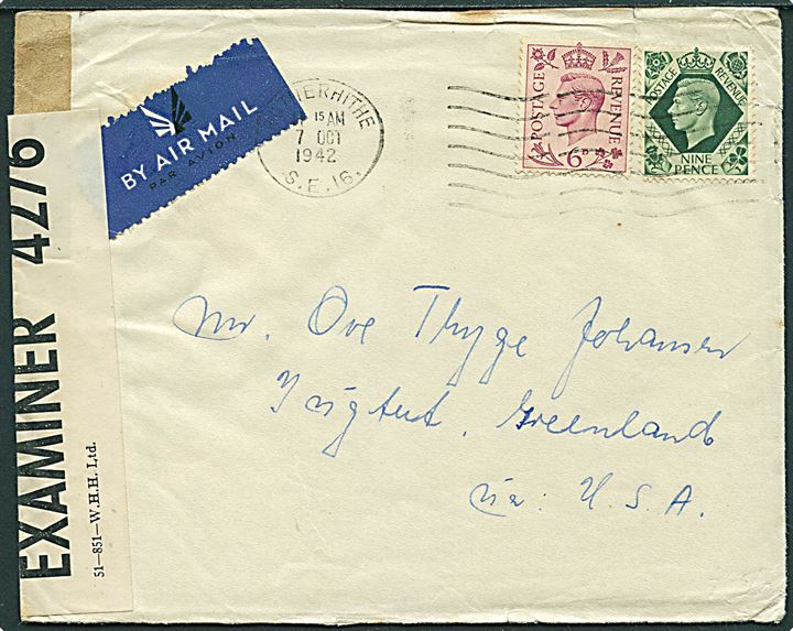 Britisk 6d og 9d George VI på luftpostbrev fra London d. 7.10.1942 til Ivigtut, Grønland. Påskrevet “via USA”. Åbnet af britisk censur PC90/4276. Fuldt indhold.