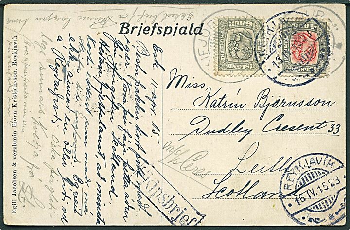4 aur og 6 aur To Konger på brevkort fra Eskifjördur d. 11.4.1915 via Reykjavik d. 16.4.1915 og sidestemplet Skipsbrjef til Leith, Scotland. Påskrevet: S/S Ceres. 