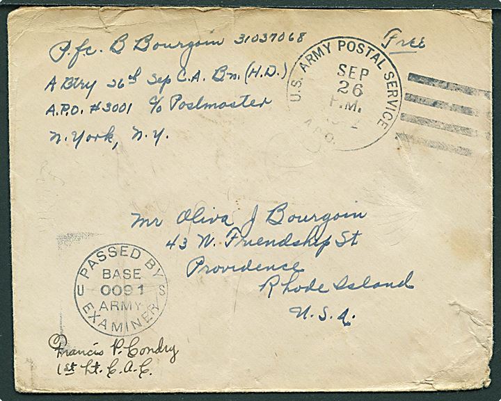 Ufrankeret amerikansk feltpostbrev stemplet U.S. Army Postal Service A.P.O. (uden nr.) d. 26.9.1942 til Rhode Island, USA. Fra A Btry 26th Sep. C. A. Bn (H.D), APO 3001 = transit APO tilknyttet APO 860 (Reykjavik). Passed by Base Army Examiner 0091. Sjælden.