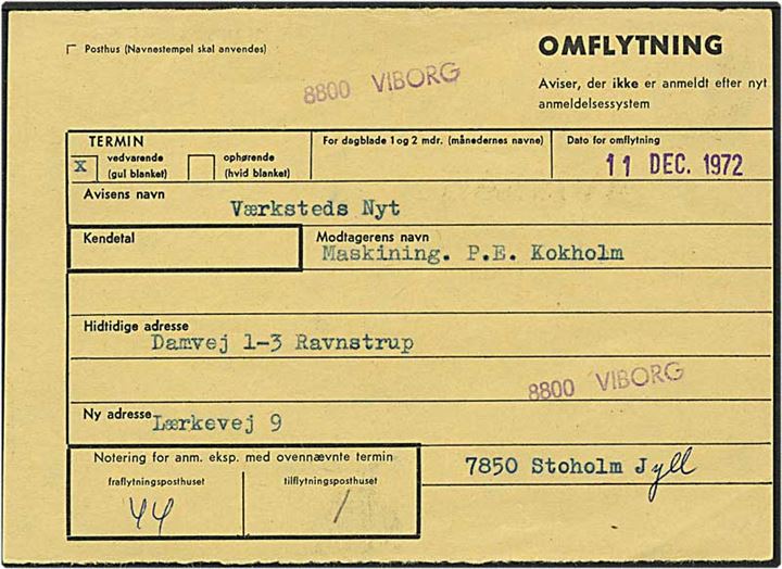 Avissag omflytning fra Viborg d. 11.12.1972.