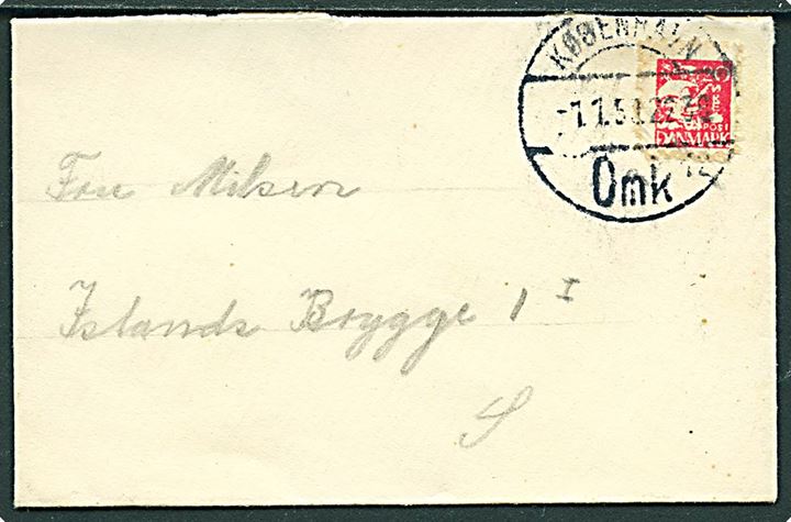 20 øre Karavel Børnepost mærkat som frankering på lille lokalbrev i København d. 1.1.1950. Ikke udtakseret i porto. Dekorativ.