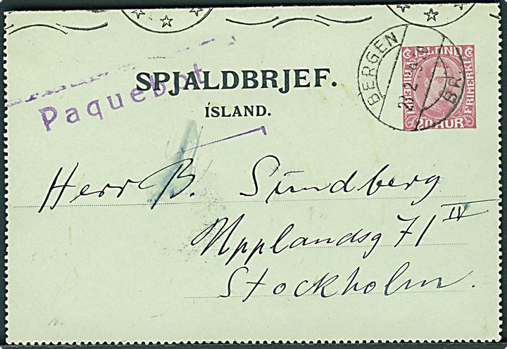 20 aur Chr. X helsags-korrespondancekort dateret i Reykjavik d. 23.2.1939 annulleret med norsk stempel i Bergen d. 28.2.1939 og sidestemplet Paquebot til Stockholm, Sverige.
