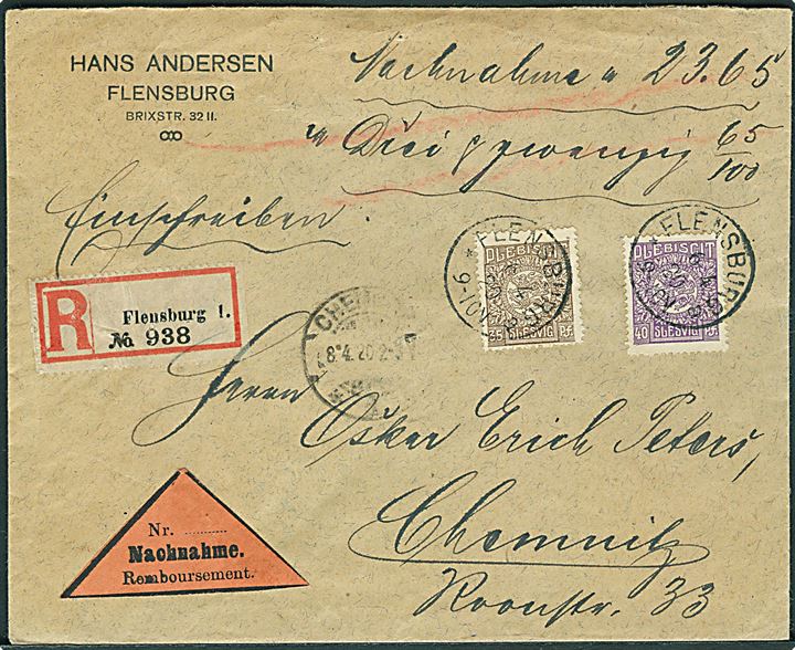35 pfg. og 40 pfg. Fælles udg. på anbefalet brev med postopkrævning fra Flensburg d. 6.4.1920 til Chemnitz, Tyskland. 