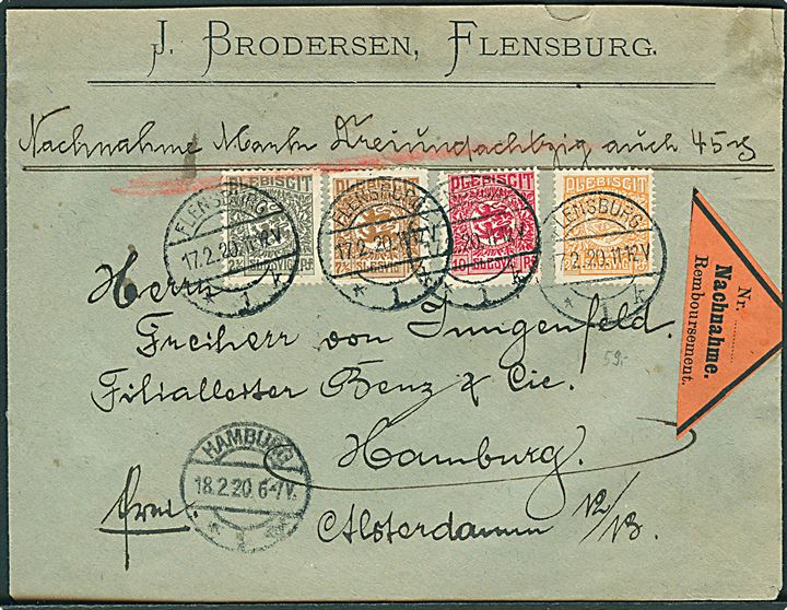 2½ pfg., 7½ pfg., 10 pfg. og 25 pfg. Fælles udg. på 45 pfg. frankeret brev med postopkrævning fra Flensburg 1 d. 17.2.1920 til Hamburg. Dekorativ forsendelse.