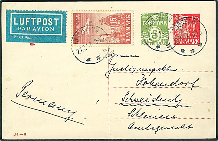 5+15 øre provisorisk helsagsbrevkort (fabr. 107-H) op-frankeret med 15 øre Luftpost sendt som luftpost fra Thorshavn d. 27.7.1937 til Schwedenitz, Tyskland.