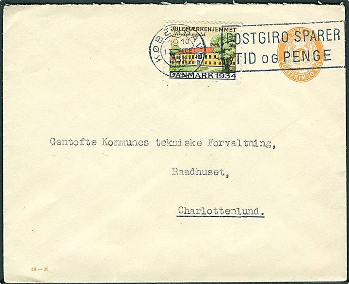 10 øre helsagskuvert (fabr. 50-M) med Julemærke 1934 sendt lokalt fra København d. 13.12.1934 til Gentofte Kommune, Charlottenlund.