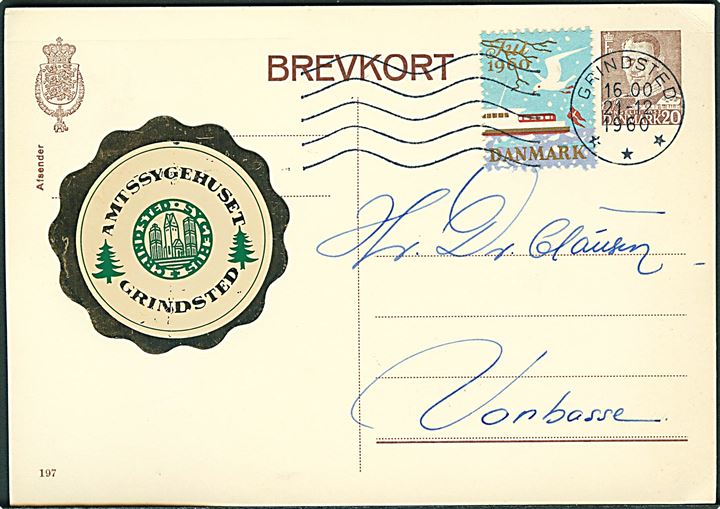 20 øre Fr. IX helsagsbrevkort (fabr. 197) med Julemærke 1960 fra Grindsted d. 21.12.1960 til Vorbasse.