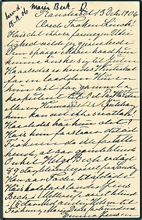 5 øre Chr. IX helsagsbrevkort med Julemærke 1906 fra Randers d. 14.12.1906 via Fredericia til Kvindeasylet, Kellers Anstalt, Breininge pr. Børkop.