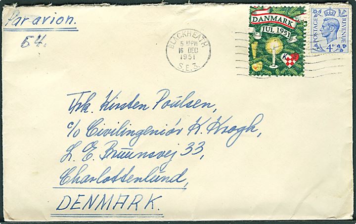 Engelsk 4d George VI og Julemærke 1951 på luftpost-brev fra Blackheath d. 16.12.1951 til Charlottenlund, Danmark. God anvendelse.