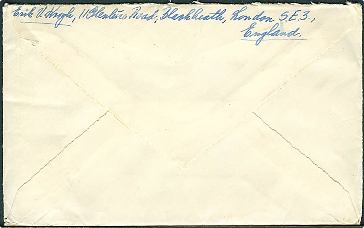 Engelsk 4d George VI og Julemærke 1951 på luftpost-brev fra Blackheath d. 16.12.1951 til Charlottenlund, Danmark. God anvendelse.