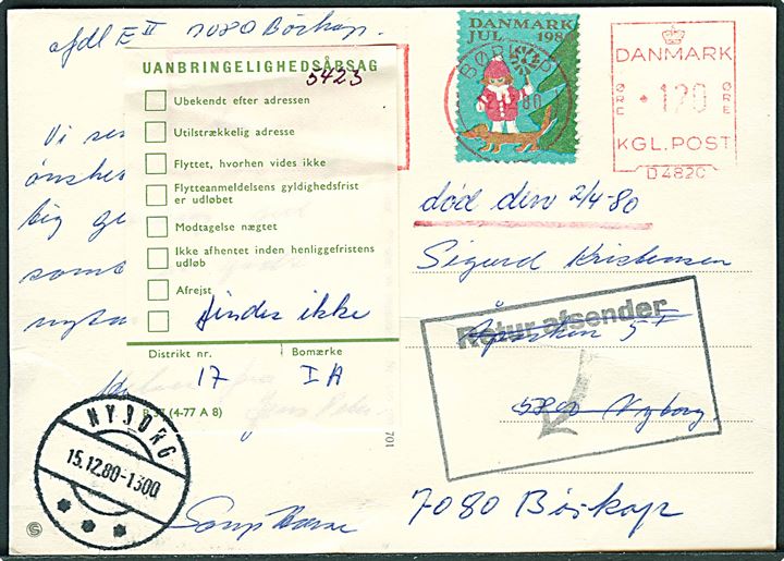 120 øre firmafranko “Brejning 7080 Børkop” på Julekort m. Julemærke 1980 fra Børkop d. 12.12.1980 til Nyborg. Retur med påskrift “Død den 2/4-80” og “Findes ikke”.