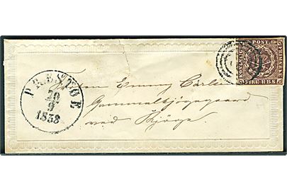 4 R.B.S. Thiele II sortbrun på lille sirbrev annulleret med svagt nr.stempel “52” og sidestemplet antiqua Præstøe d. 20.9.1853 til Gammelkjøgegaard pr. Kjøge. Rift i kuvert. Daka: 5500,-