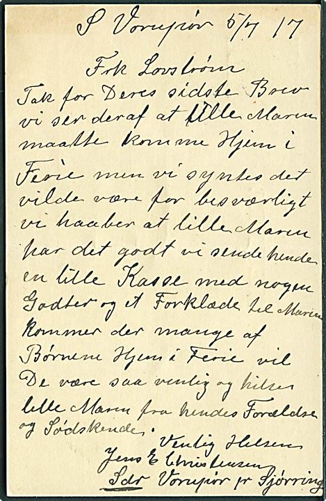 5 øre Chr. X helsagsbrevkort dateret d. 11.7.1917 og annulleret med stjernestempel SØNDER-VORUPØR til Brejning pr. Børkop. Lodret fold. Skilling 1500,-