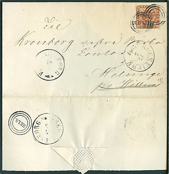 4 sk. 1858 udg. på brev annulleret med svagt nr.stempel “58” og sidestemplet Roeskilde d. 17.5.1861 til Helsinge pr. Hillerød. Omadresseret i Frederiksborg til Helsinge og ankomst stemplet med Esrom-type stempel HELS. 