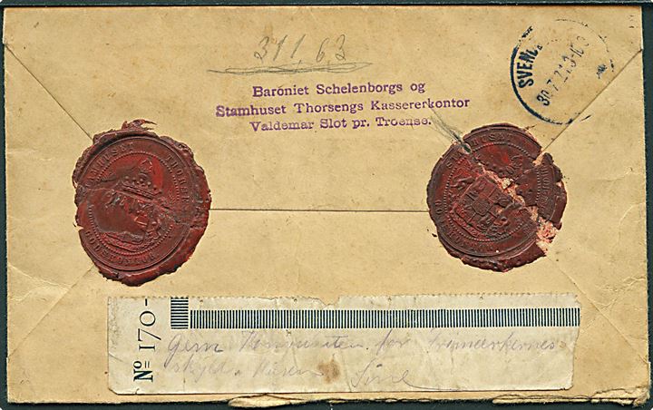 10 øre Genforening og 20+10 øre Røde Kors (3) på 70 øre frankeret værdibrev fra Troense d. 30.7.1921 til Knudsbølle pr. Svendborg.