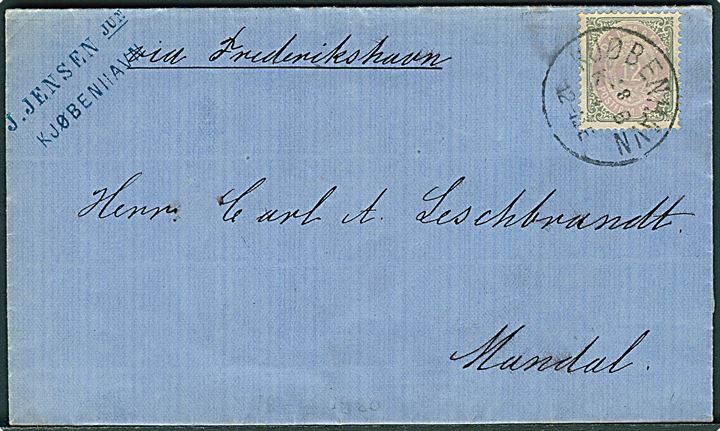 12 øre Tofarvet single på brev fra Kjøbenhavn d. 28.4. 1880 påskrevet via Frederikshavn til Mandal, Norge. Antagelig befordret med dampskibsforbindelsen mellem Frederikshavn og Christiansand. Pænt brev 