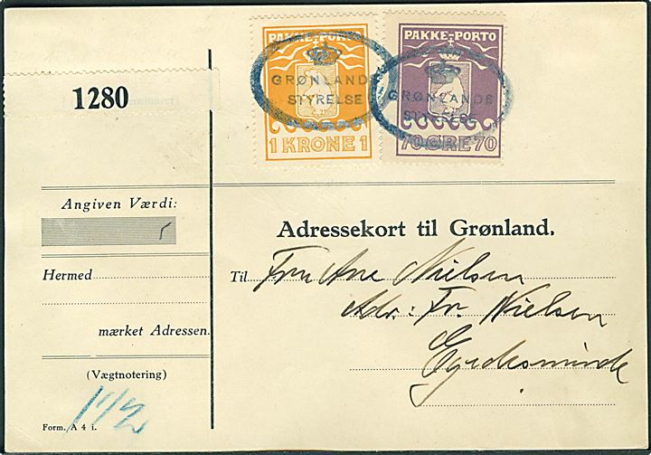 70 øre og 1 kr. Pakkeporto på adressekort Form. A 4 i for pakke på 1½ kg. annulleret med blåt ovalstempel (krone) / Grønlands Styrelse ca. 1935 til Egedesminde. 