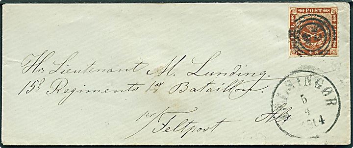 4 sk. stukken kant på brev annulleret med nr.stempel “24” og sidestemplet Helsingør d. 5.4.1864 til Lieutnant Lunding, 15. Regiment 17. Bataillon Als pr. Feltpost. Sendt kort før slaget ved Dybbøl.