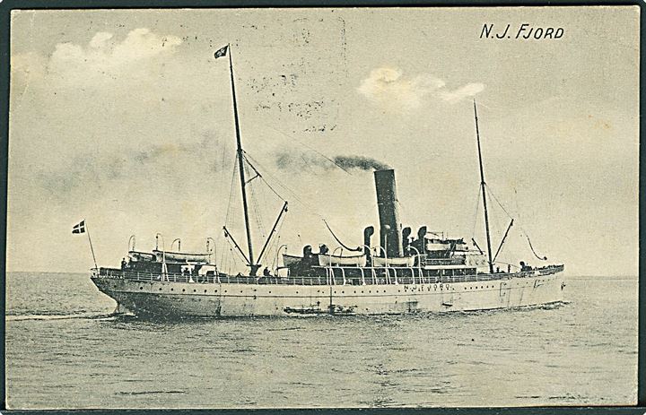 Engelsk 1d George V på brevkort (Englandsbåden “N. J. Fjord”) dateret Nordsøen og stemplet Parkeston Harwich d. 1.5.1912 og sidestemplet “Harwich Ship Letter” til Aarhus, Danmark.