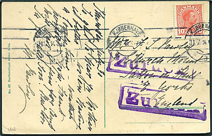 10 øre Chr. X på brevkort (Tyske flåde ved Molde) fra Kjøbenhavn d. 31.7.1914 til Sutton-on-Hull, England. Dirigeret via Tyskland og retur med violet Zurück på grund af krigsudbruddet. Antagelig fremsendt igen med direkte postforbindelse til England.