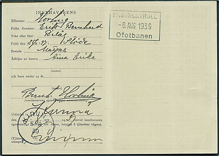 50 öre Linné på forsiden af Nordisk Resekort stemplet Kiruna d. 5.8.1939. Indeholder visering: Passkontroll Ofotbanen d. 6.8.1939. 