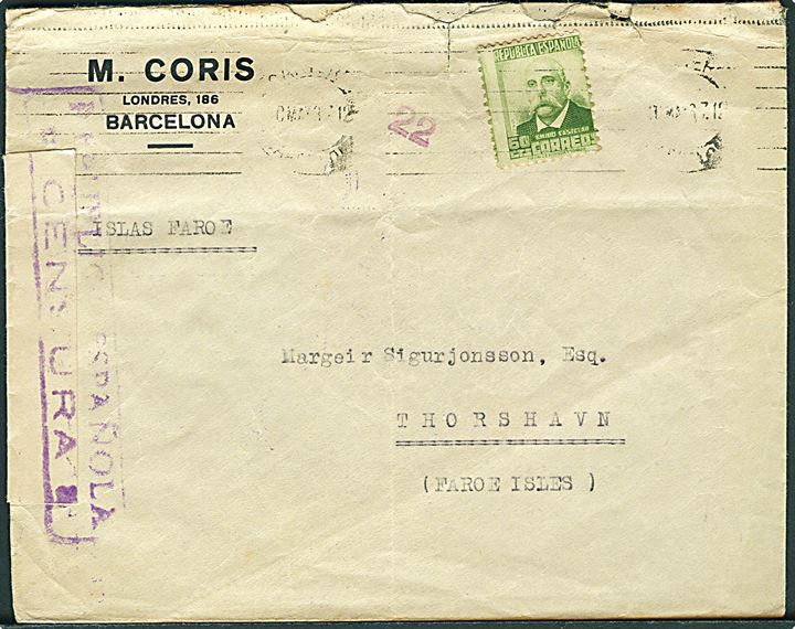 Spansk 60 cts. Emilio Castelar på brev fra Barcelona d. 10.5.1937 til Thorshavn, Færøerne. Åbnet af spansk borgerkrigscensur i Barcelona. 