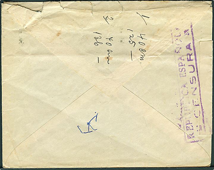 Spansk 60 cts. Emilio Castelar på brev fra Barcelona d. 10.5.1937 til Thorshavn, Færøerne. Åbnet af spansk borgerkrigscensur i Barcelona. 