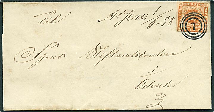 4 sk. 1854 udg. på brev annulleret med nr.stempel “7” og håndskrevet bynavn Assens 1/6-58 til Odense. Assens antiqua stempel var indsendt til reparation 14.5.-3.7.1858 og fra denne periode kendes håndskrevet Assens i dagene 22.5. til 24.6.1858 jf. Vagn Jensen. Daka 4500,-