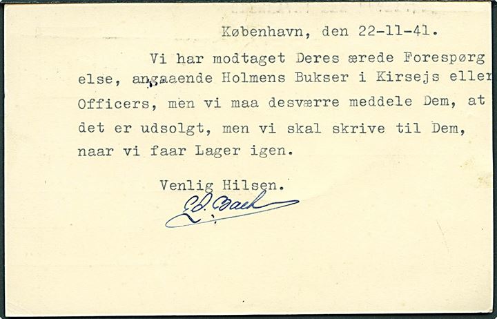 15 øre Karavel helsagsbrevkort (fabr. 140) m. Julemærke 1941 fra København d. 23.11.1941 til Spodsbjerg.