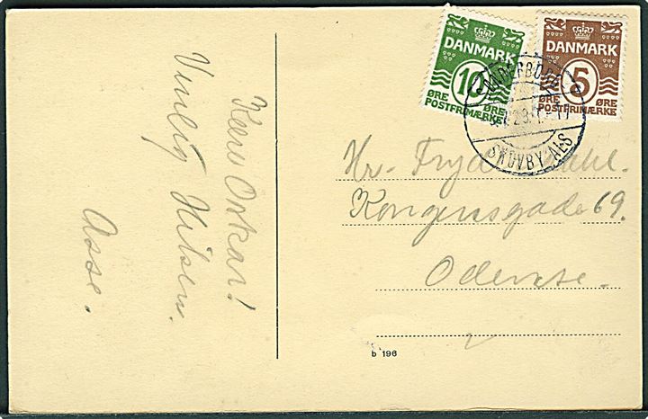5 øre og 10 øre Bølgelinie på brevkort (Hotel Mommark Færgegaard) annulleret med bureaustempel Sønderborg - Skovby Als T.17 d. 3.7.1923 til Odense.