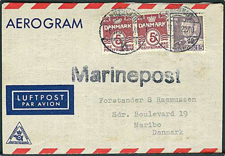 5 øre (2) Bølgelinie og 15 øre Fr. IX på aerogram dateret “Nord for Singapore” sendt i marinesæk til København d. 6.11.1951 og sidestemplet Marinepost til Maribo. Fra Hospitalsskibet Jutlandia under 1. togt til Korea.