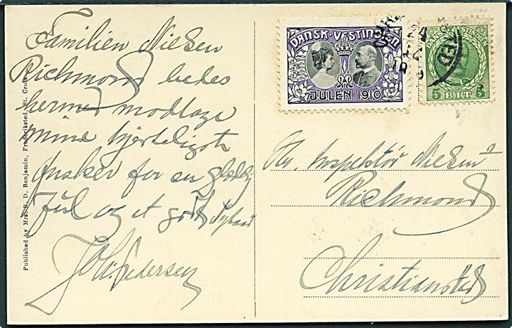 5 bit Fr. VIII og Julemærke 1910 på lokalt postkort (Interior of the Frederiksted Fort) i Christiansted d. 24.12.1910.