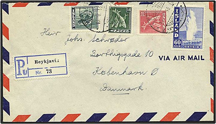 157 aur på Rec. luftpost brev fra Reykjavik, Island, d. 15.5.1946 til København.