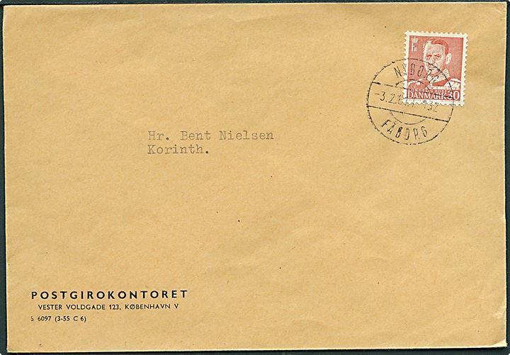 30 øre Fr. IX på kuvert fra Postgirokontoret annulleret med bureaustempel Nyborg - Fåborg T.132 d. 3.2.1961 til Korinth. Vanskeligt stempel. 