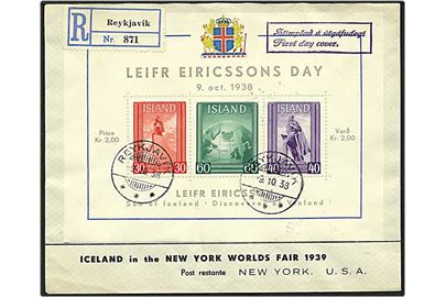 Leifr Eiricsson blok på Rec. luftpost brev fra Reykjavik, Island, d. 9.10.1938 til New York, USA.