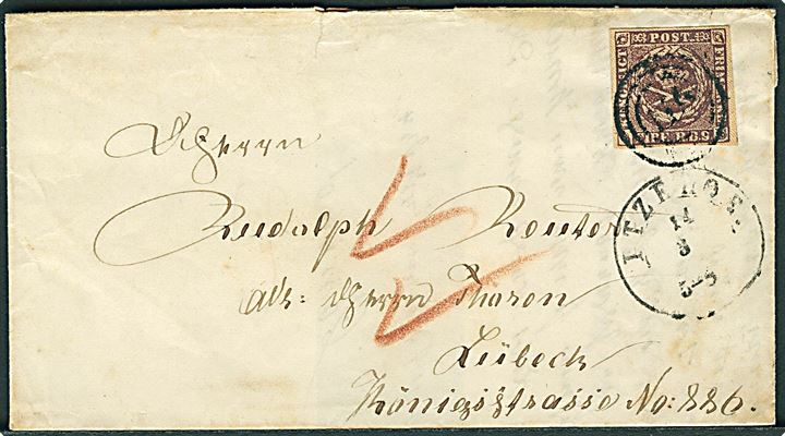 4 R.B.S. Thiele II sortbrun med fuld rand på brev annul-leret med nr.stempel “119” og sidestemplet m. 1½-rings Itzehoe d. 14.3.1854 til Lübeck. Rødkridts påtegning og på bagsiden svagt K.D.O.P.A. stempel i blå farve. 