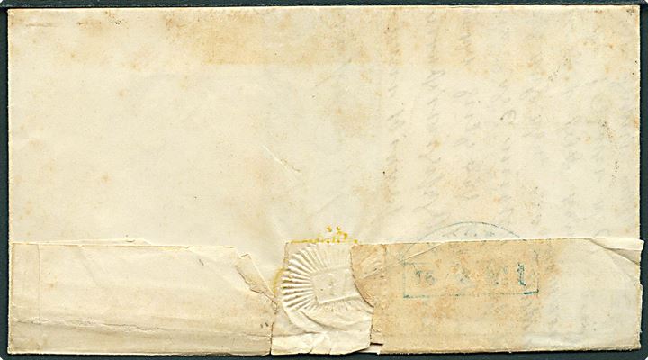 4 R.B.S. Thiele II sortbrun med fuld rand på brev annul-leret med nr.stempel “119” og sidestemplet m. 1½-rings Itzehoe d. 14.3.1854 til Lübeck. Rødkridts påtegning og på bagsiden svagt K.D.O.P.A. stempel i blå farve. 