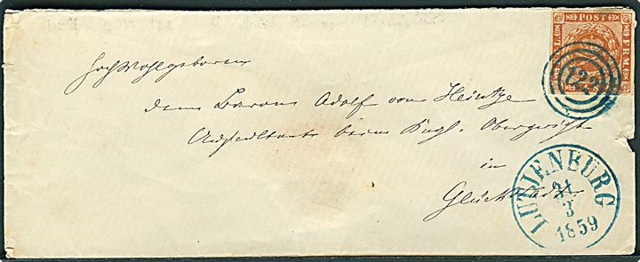 4 sk. 1858 udg. 4. tryk på brev annulleret med nr.stempel “122” i blå farve og sidestemplet blåt antiqua stempel Lütjenburg d. 31.3.1859 til Glückstadt.  