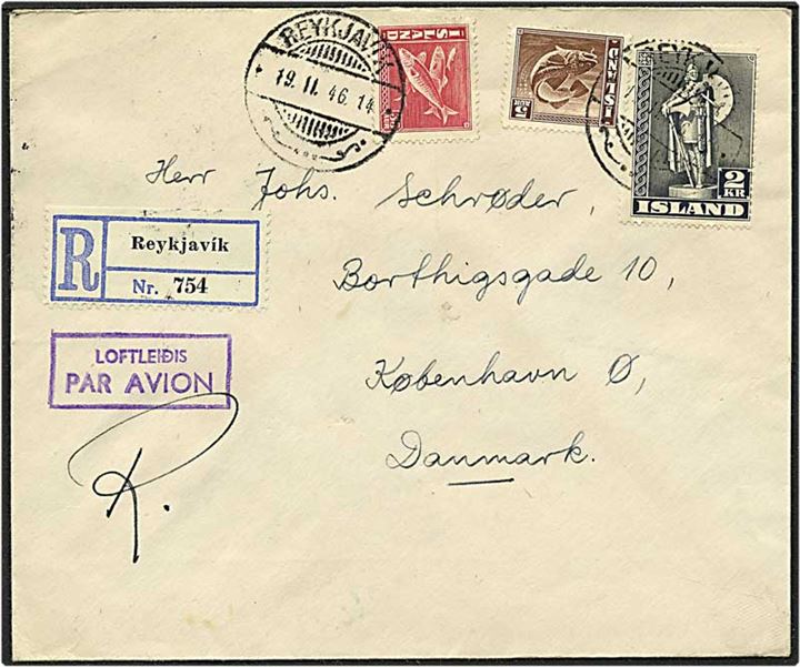 2,40 kr på Rec. luftpost brev fra Reykjavik, Island, d. 19.11.1946 til København.