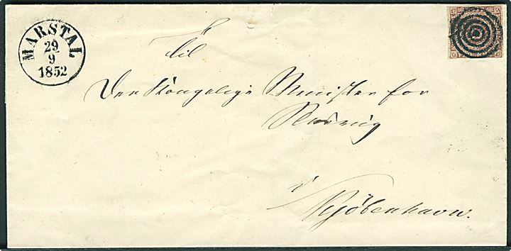 4 R.B.S. Thiele I på brev annulleret med stumt stempel på brev sidestemplet antiqua Marstal d. 29.9.1852 til Kjøbenhavn. Sjældent stempel, kendes kun med 1 dato d. 2.6.1852. Daka: 12500,-