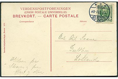 5 øre Fr. VIII med klichebrud på brevkort fra Skagen d. 7.9.1907 til Guldborg på Lolland. AFA: 4500,-