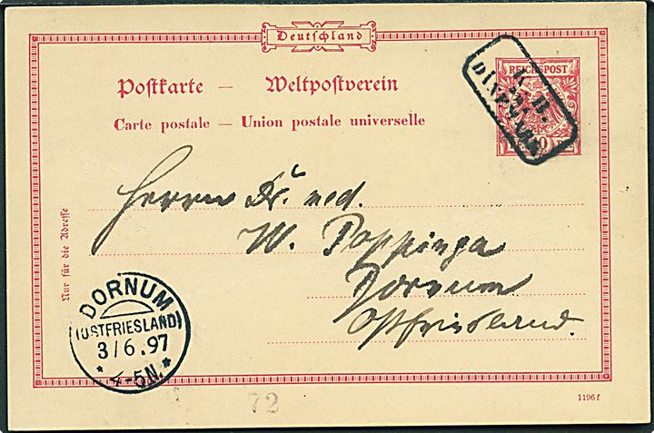 10 pfg. Adler helsagsbrevkort dateret ombord på Post-dampfer “Lübeck” d. 1.7.1897 annulleret med ramme-stempel K.B. aus Dänemark til Dornum, Ostfriesland. 