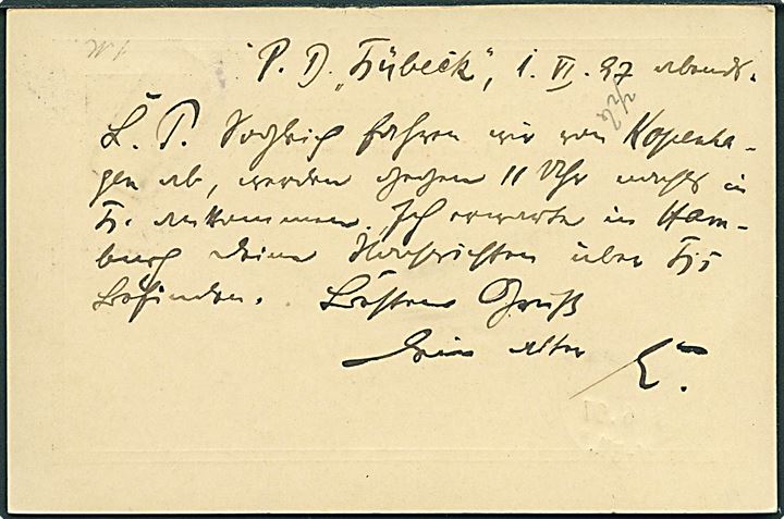 10 pfg. Adler helsagsbrevkort dateret ombord på Post-dampfer “Lübeck” d. 1.7.1897 annulleret med ramme-stempel K.B. aus Dänemark til Dornum, Ostfriesland. 