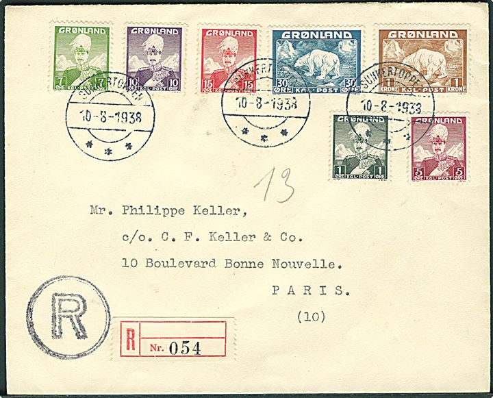 Komplet sæt Chr. X og Isbjørn på anbefalet brev fra Sukkertoppen d. 10.8.1938 til Paris, Frankrig. Mystisk dato - ca. 3 mdr. inden frimærkerne blev taget i brug i Sukkertoppen d. 20.11.1938.