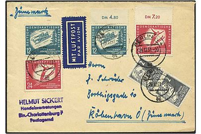 76 pfennig på luftpost brev fra Berlin, DDR, d. 29.12.1947 til København. Frimærker med vintersport.