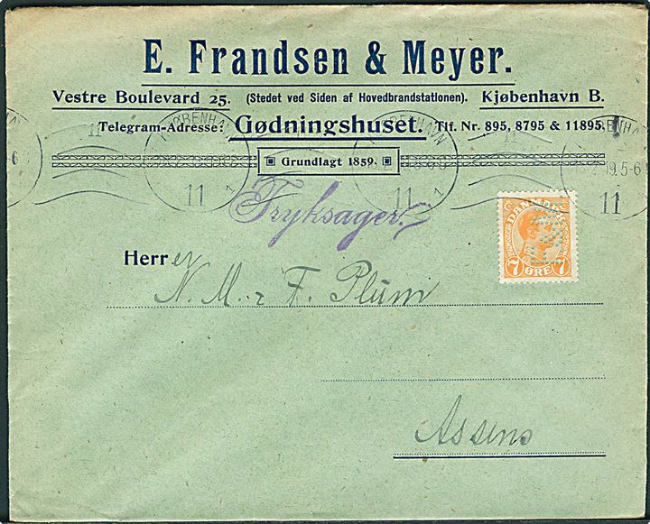 7 øre Chr. X med perfin F.& M. på firmakuvert fra E. Frandsen & Meyer sendt som tryksag fra Kjøbenhavn d. 18.2.1919 til Assens.