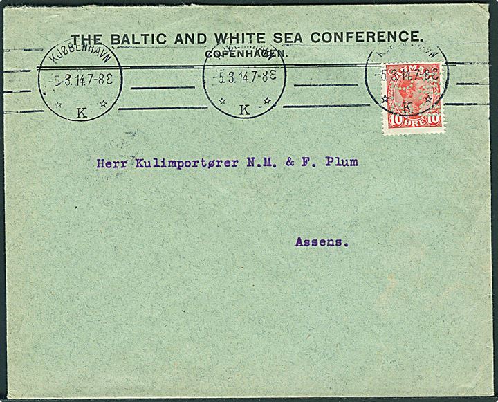 10 øre Chr. X med perfin B.W.S.C. på fortrykt kuvert fra The Baltic and White Sea Conference i Kjøbenhavn d. 5. 3.1914 til Assens. Lukket rift i toppen.