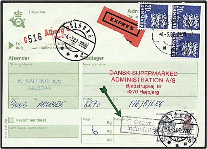 20 kr. blå rigsvåben og 3 kr. mørkeblå/lilla domkirken i Lund på adressekort fra Ålborg d. 4.3.1987 til Højbjerg. Rammestempel med Gebyr indbefattet.